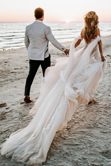 Enid | Glamorous Beach Off the Shoulder A Line Champagne Tulle Wedding Dress with Slit - Price #price_variant_lowest# - Champagne - PromDressClub