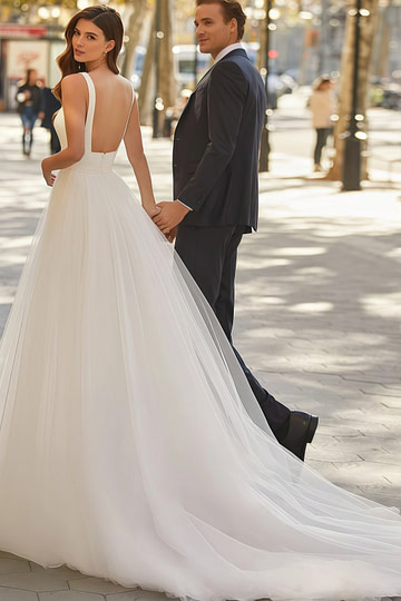 Erin | Chic A Line Square Neck Backless Short White Tulle Wedding Dress with Court Train - Price #price_variant_lowest# - White - PromDressClub