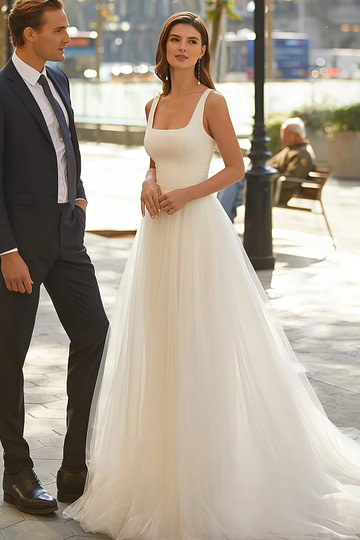 Erin | Chic A Line Square Neck Backless Short White Tulle Wedding Dress with Court Train - Price #price_variant_lowest# - White - PromDressClub