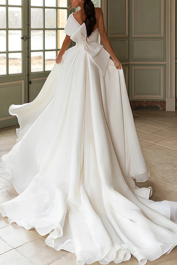 Esther | A Line Appliques Lace One Shoulder White Organza Wedding Dress Train with Slit - Price #price_variant_lowest# - White - PromDressClub