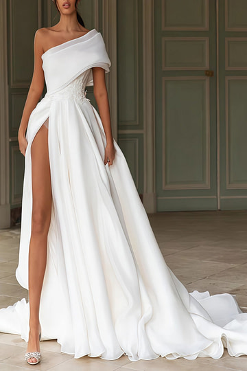 Esther | A Line Appliques Lace One Shoulder White Organza Wedding Dress Train with Slit - Price #price_variant_lowest# - White - PromDressClub