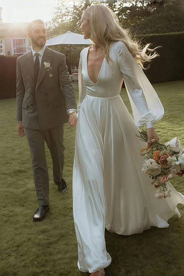 Ethel | Simple A Line White Satin Wedding Dress Long Sleeve Train with V Neck - Price #price_variant_lowest# - White - PromDressClub