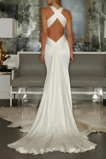 Eudora | Classic Mermaid Halter V Neck Sleeveless White Satin Wedding Dress Detachable Train - Price #price_variant_lowest# - White - PromDressClub