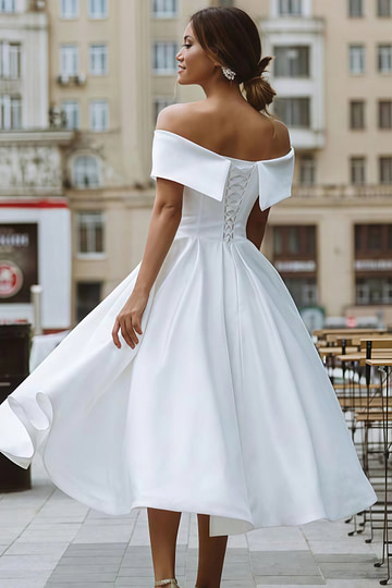 Evangeline | Elegant A Line Off the Shoulder Strapless White Satin Midi Wedding Dress - Price #price_variant_lowest# - White - PromDressClub