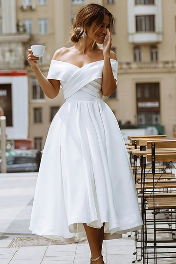 Evangeline | Elegant A Line Off the Shoulder Strapless White Satin Midi Wedding Dress - Price #price_variant_lowest# - White - PromDressClub