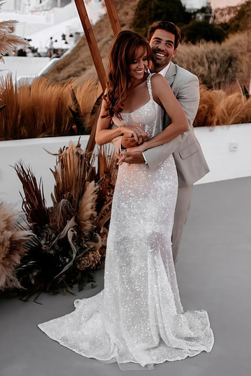 Eve | Sparkly A Line Spaghetti Strap Long White Sequin Wedding Dress Train - Price #price_variant_lowest# - White - PromDressClub