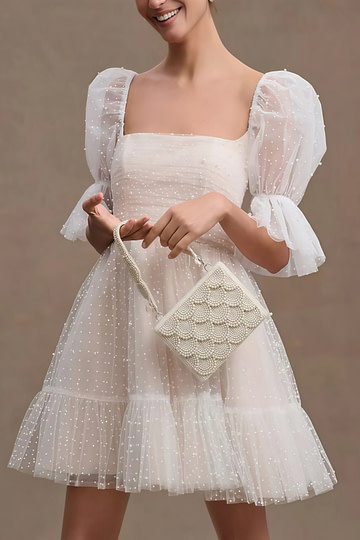Graceful Finesse Short Sleeve Wedding Gown Square Neckline for Dreamy Flowing Moments