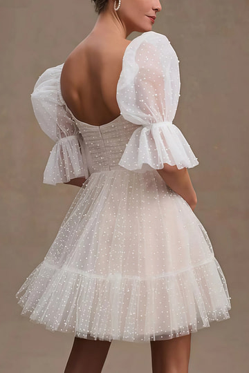 Evelyn | Glamorous Pearl Puff Sleeve Square Neck Short Wedding Reception Dress with Backless - Price #price_variant_lowest# - White - PromDressClub