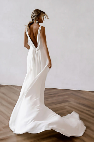 Fanny | Mermaid V Neck Backless Long White Satin Wedding Dress Detachable Train - Price #price_variant_lowest# - White - PromDressClub