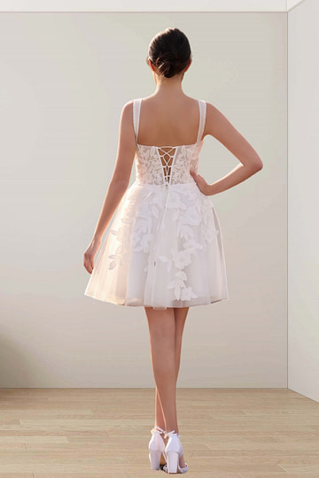 Fay | Romantic A Line Spaghetti Strap Appliques Lace Short White Wedding Reception Dress with Sweetheart Neck - Price #price_variant_lowest# - White - PromDressClub