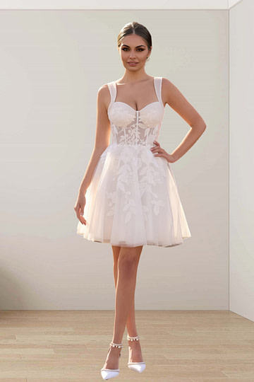 Fay | Romantic A Line Spaghetti Strap Appliques Lace Short White Wedding Reception Dress with Sweetheart Neck - Price #price_variant_lowest# - White - PromDressClub