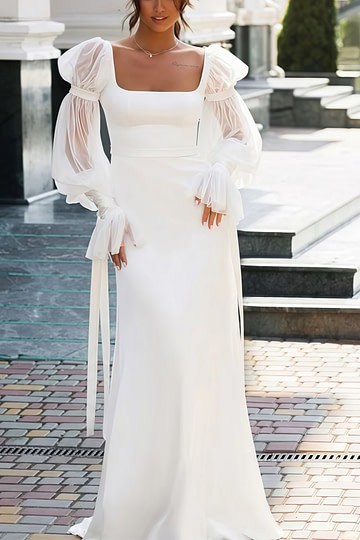 Flora | Square Neckline Mermaid Puff Long Sleeve White Wedding Dress Train - Price #price_variant_lowest# - White - PromDressClub