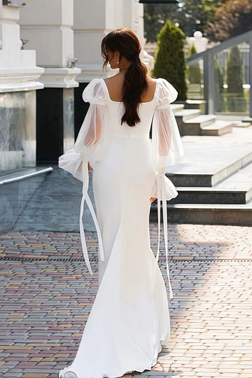 Flora | Square Neckline Mermaid Puff Long Sleeve White Wedding Dress Train - Price #price_variant_lowest# - White - PromDressClub