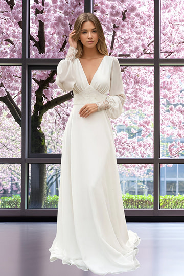 Frances | A Line Long Sleeve Appliques Lace Corset Chiffon Wedding Dress Train with V Neck - Price #price_variant_lowest# - White - PromDressClub