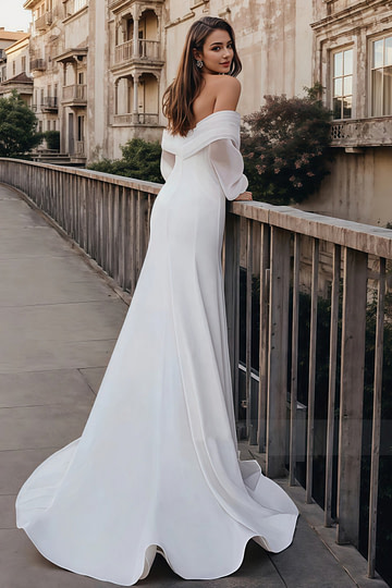 Freda | Trumpet/Mermaid Puff Long Sleeve Satin Wedding Dress with Off the Shoulder - Price #price_variant_lowest# - White - PromDressClub