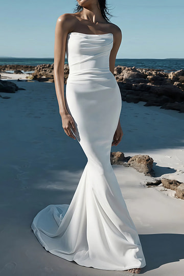 Frederica | Mermaid Strapless Pleated Backless White Satin Wedding Dress Train with Sleeveless - Price #price_variant_lowest# - White - PromDressClub