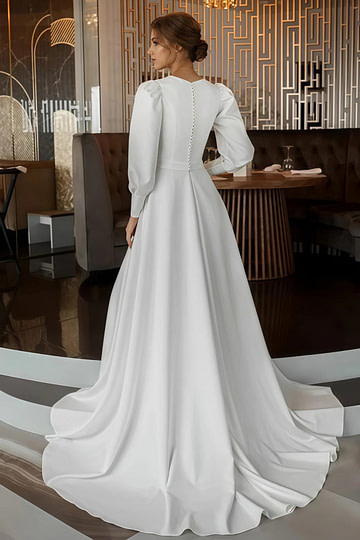 Gabrielle | Classic A Line Long Sleeve High Neck Wedding Dress Court Train with Vintage Gown - Price #price_variant_lowest# - White - PromDressClub