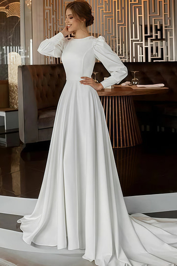 Gabrielle | Classic A Line Long Sleeve High Neck Wedding Dress Court Train with Vintage Gown - Price #price_variant_lowest# - White - PromDressClub
