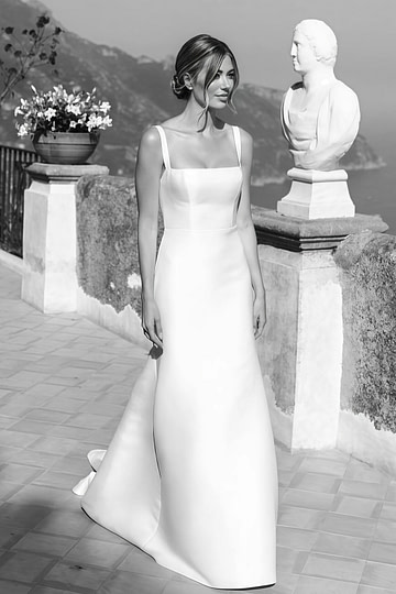 Gemma | Romantic Sheath Squsre Neckline Backless Satin Wedding Dress with Detachable Long Sleeve - Price #price_variant_lowest# - White - PromDressClub