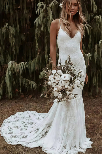 Genevieve | Mermaid Spaghetti Strap Backless Appliques Lace Long White Wedding Dress Train - Price #price_variant_lowest# - White - PromDressClub