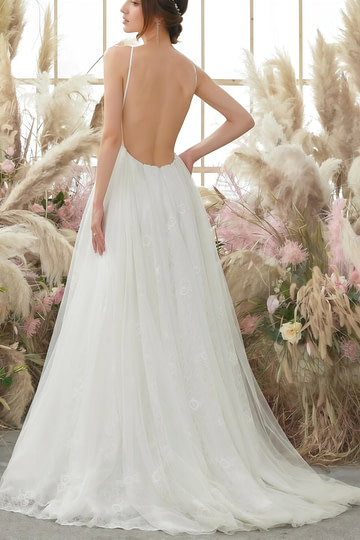 Georgia | A Line Spaghetti Strap Open Back Lace Long White Wedding Dress With Court Train - Price #price_variant_lowest# - White - PromDressClub