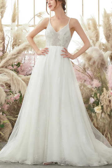 Georgia | A Line Spaghetti Strap Open Back Lace Long White Wedding Dress With Court Train - Price #price_variant_lowest# - White - PromDressClub