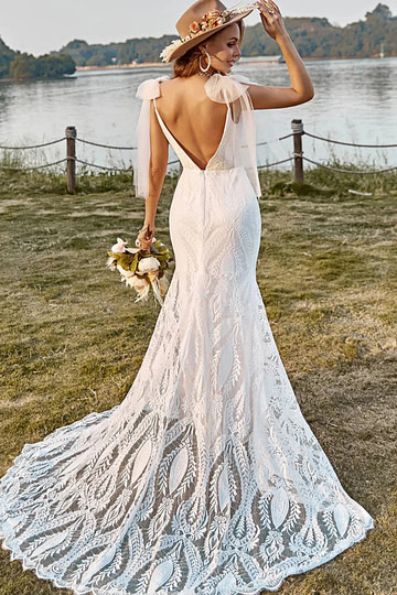 Geraldine | Boho Mermaid V Neck Backless Lace Long White Wedding Dress Train with Bow - Price #price_variant_lowest# - White - PromDressClub