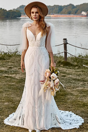 Geraldine | Boho Mermaid V Neck Backless Lace Long White Wedding Dress Train with Bow - Price #price_variant_lowest# - White - PromDressClub