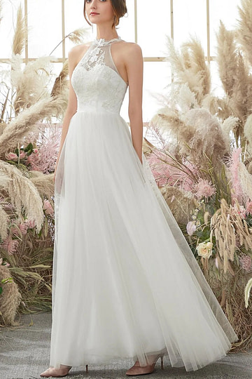 Gill | A Line Halter Neckline Open Back Long White Tulle Wedding Dress - Price #price_variant_lowest# - White - PromDressClub