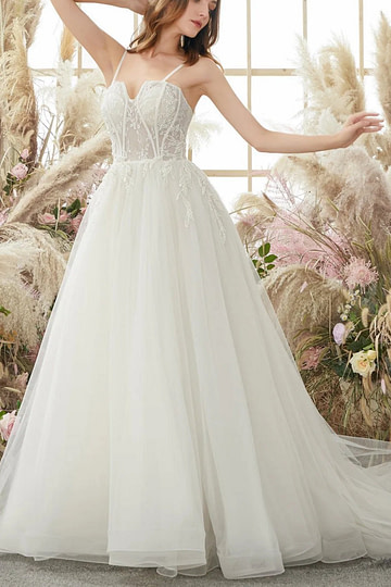 Gladys | Spaghetti Strap Corset Backless Ivory Wedding Dress with Appliques Lace - Price #price_variant_lowest# - White - PromDressClub