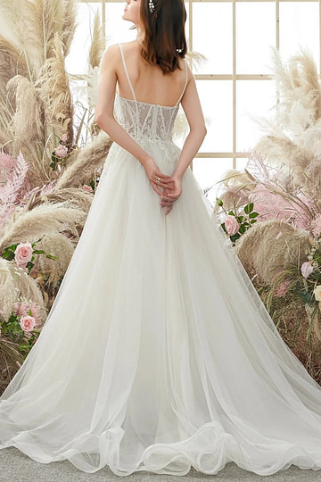Gladys | Spaghetti Strap Corset Backless Ivory Wedding Dress with Appliques Lace - Price #price_variant_lowest# - White - PromDressClub