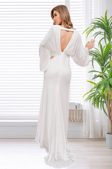 Gloria | White Sheath V Neck Long Sleeve Corset Wedding Reception Dress with Backless - Price #price_variant_lowest# - White - PromDressClub