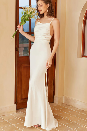 Grace | Boho Mermaid Square Neck Spaghetti Strap White Satin Wedding Dress with Backless - Price #price_variant_lowest# - White - PromDressClub