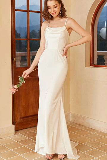 Griselda | Mermaid Boho Spaghetti Strap Open Back Satin Wedding Reception Dress with Train - Price #price_variant_lowest# - White - PromDressClub