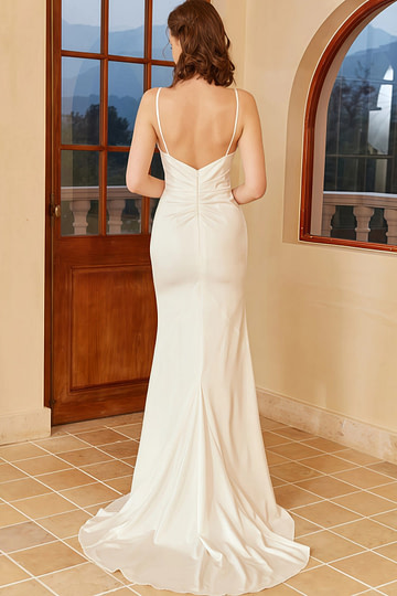 Griselda | Mermaid Boho Spaghetti Strap Open Back Satin Wedding Reception Dress with Train - White - PromDressClub