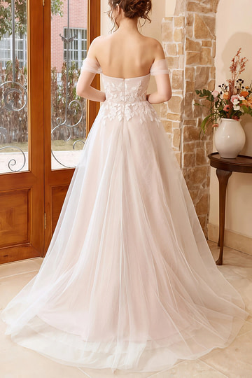 Gwendolyn | A Line Strapless Off the Shoulder White Tulle Wedding Dress with Appliques Lace - Price #price_variant_lowest# - White - PromDressClub