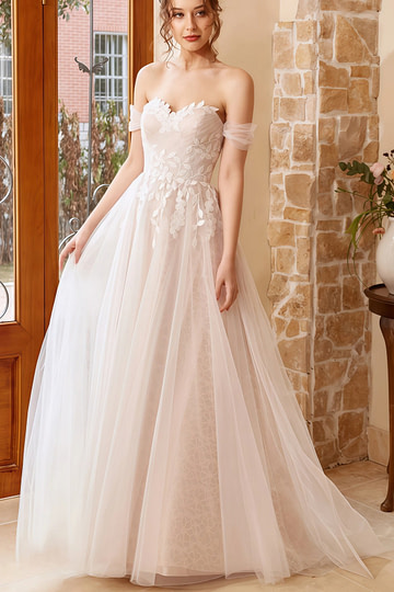 Gwendolyn | A Line Strapless Off the Shoulder White Tulle Wedding Dress with Appliques Lace - Price #price_variant_lowest# - White - PromDressClub