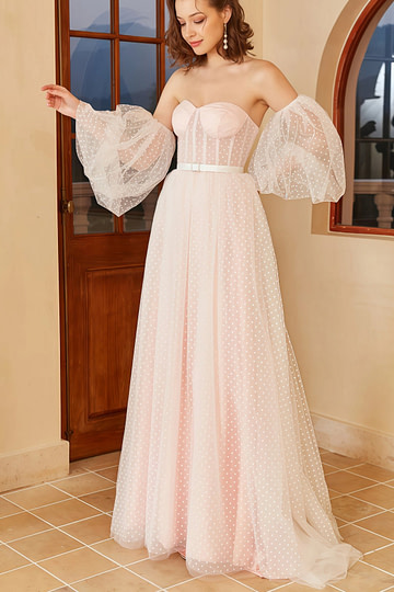Hannah | White Pink Strapless Polka Dots Bell Sleeve Long Wedding Dress with Illusion Sheer and Belt - Price #price_variant_lowest# - White - PromDressClub