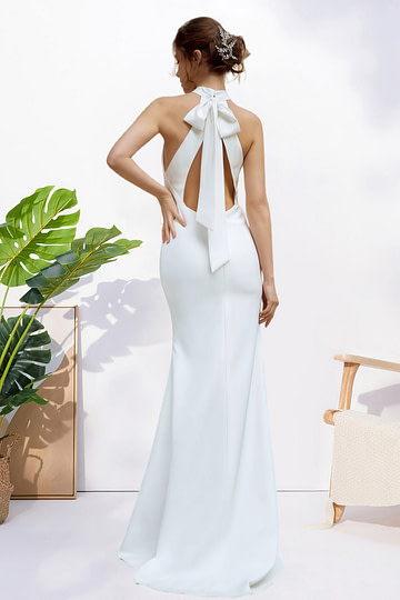 Harriet | Simple Mermaid Halter Neck Backless White Satin Wedding Dress with Bow - Price #price_variant_lowest# - White - PromDressClub