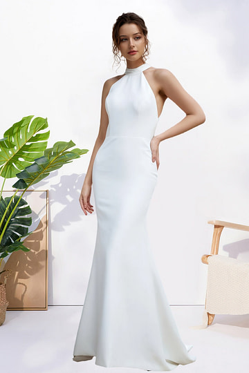 Harriet | Simple Mermaid Halter Neck Backless White Satin Wedding Dress with Bow - Price #price_variant_lowest# - White - PromDressClub