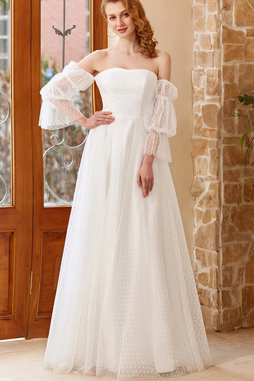 Hazel | A Line Off the Shoulder Strapless Puff Sleeve White Tulle Wedding Dress with Polka Dots - Price #price_variant_lowest# - White - PromDressClub