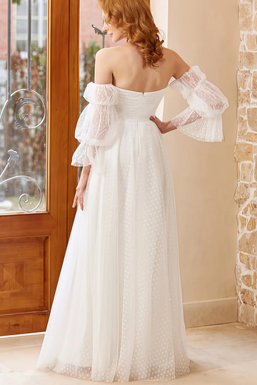 Hazel | A Line Off the Shoulder Strapless Puff Sleeve White Tulle Wedding Dress with Polka Dots - Price #price_variant_lowest# - White - PromDressClub