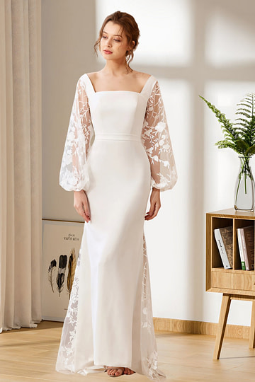 Hedda | Mermaid Square Neck Long Sleeve Backless White Satin Wedding Dress with Bow - Price #price_variant_lowest# - White - PromDressClub