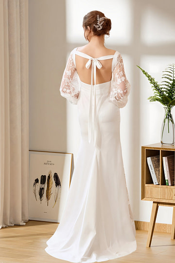 Hedda | Mermaid Square Neck Long Sleeve Backless White Satin Wedding Dress with Bow - Price #price_variant_lowest# - White - PromDressClub