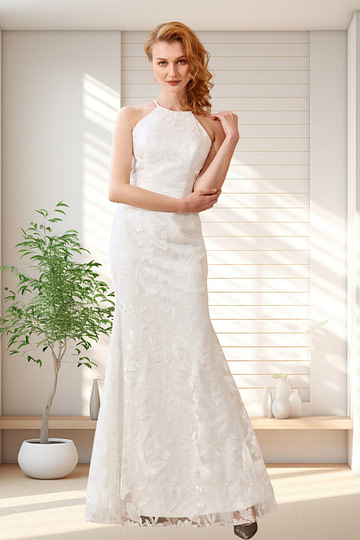 Hedy | Modest Mermaid Halter Neck White Lace Reception Wedding Dress - Price #price_variant_lowest# - White - PromDressClub