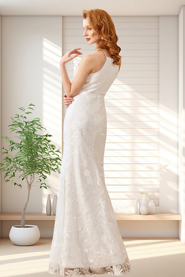 Hedy | Modest Mermaid Halter Neck White Lace Reception Wedding Dress - Price #price_variant_lowest# - White - PromDressClub