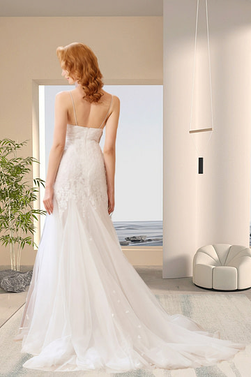 Helen | Boho Mermaid Spaghetti Strap Open Back White Lace Wedding Dress with Sweep Train - Price #price_variant_lowest# - White - PromDressClub
