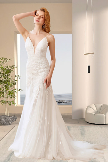Helen | Boho Mermaid Spaghetti Strap Open Back White Lace Wedding Dress with Sweep Train - Price #price_variant_lowest# - White - PromDressClub