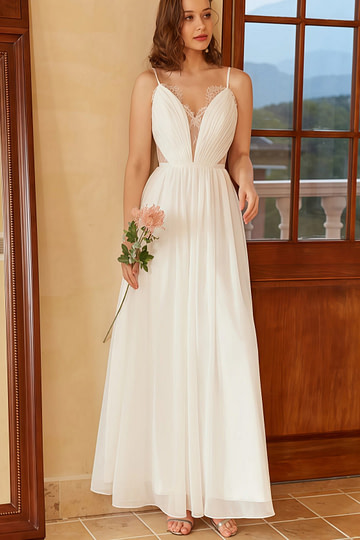 Heloise | Boho A Line Spaghetti Strap Backless Corset White Wedding Dress with V Neck - Price #price_variant_lowest# - White - PromDressClub