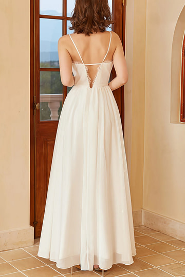 Heloise | Boho A Line Spaghetti Strap Backless Corset White Wedding Dress with V Neck - Price #price_variant_lowest# - White - PromDressClub
